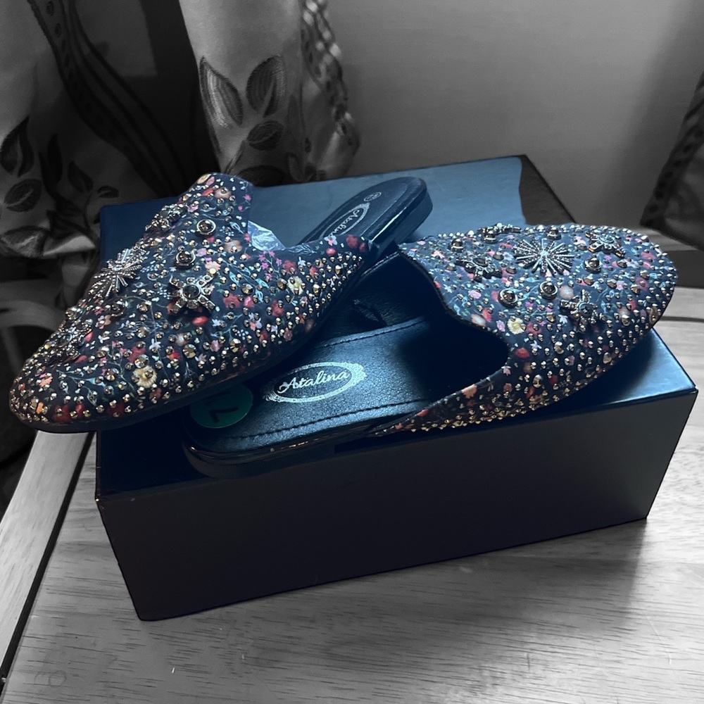 New Mule Slip On Shoe Floral Pattern with Gems